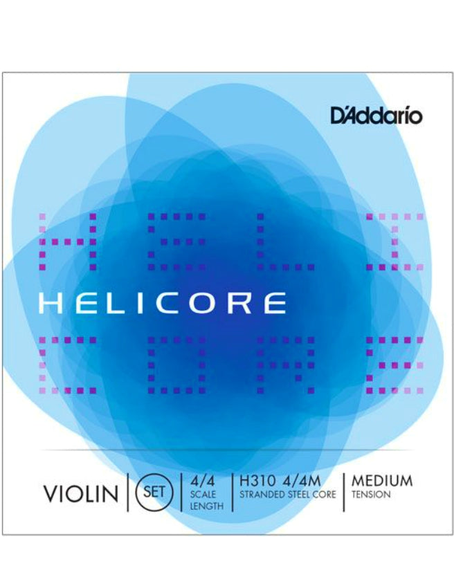 D'Addario Helicore 4/4 Size Violin Strings Set with Plain Steel E String - H310 4/4M - Full Set - Medium Tension